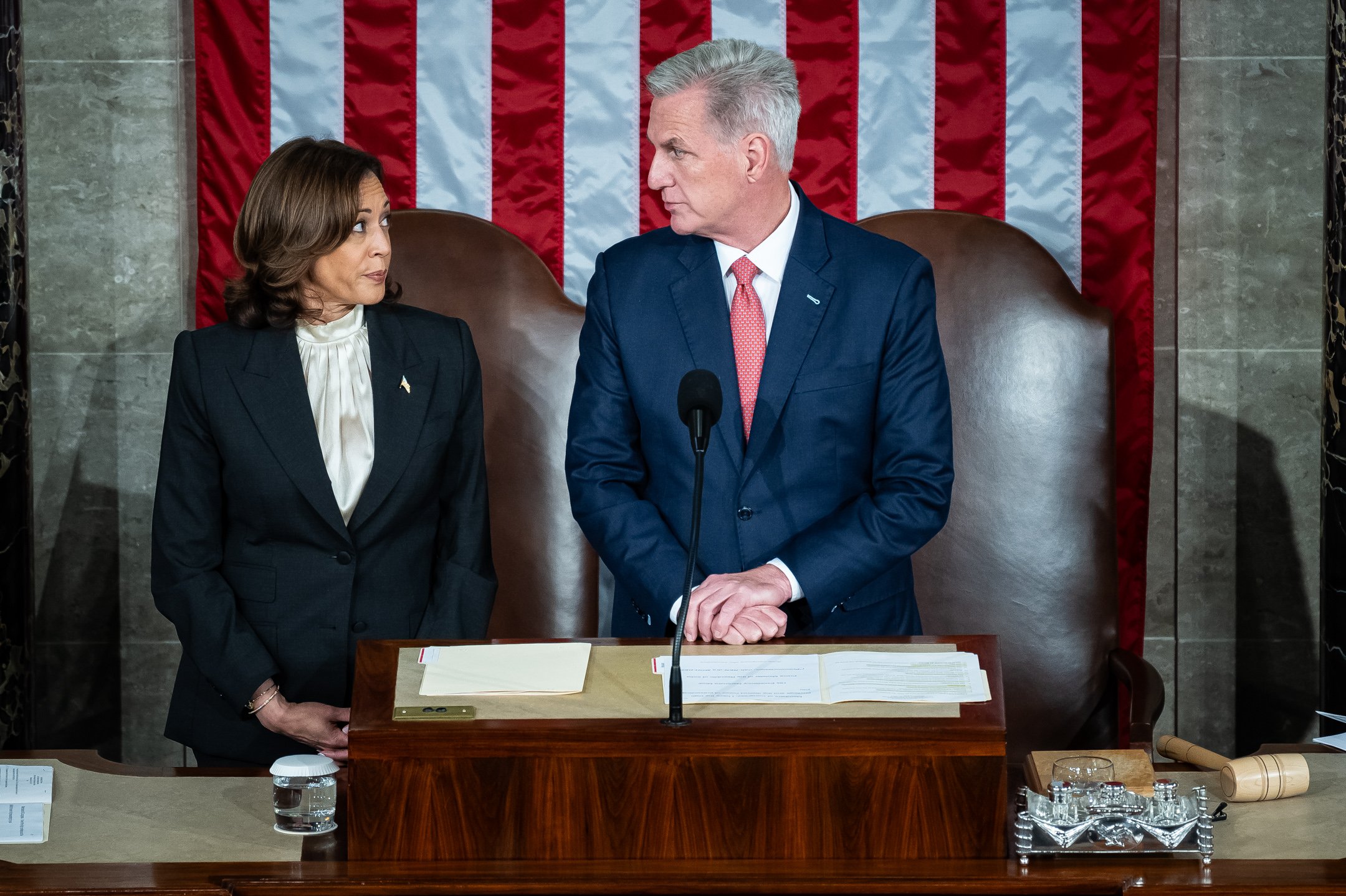  Vice President Kamala Harris and Speaker of the House Kevin McCarthy (R-CA) speak behind the dais before Prime Minister of India Narendra Modi’s Address to a Joint Session of Congress in the House Chamber, at the U.S. Capitol, in Washington, D.C., o