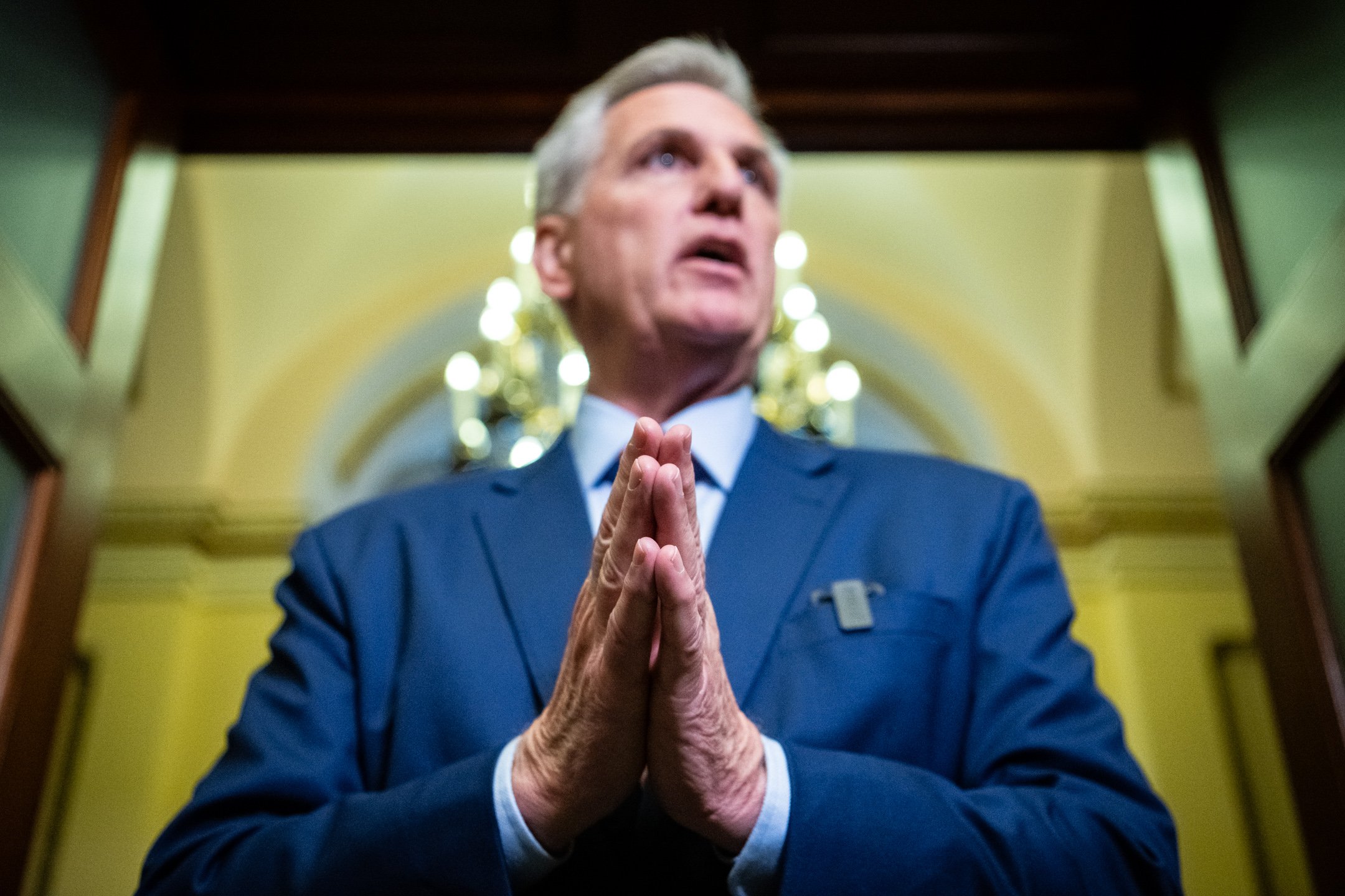  Speaker of the House Kevin McCarthy (R-CA) speaks to members of the press near the Speaker’s office, at the U.S. Capitol, in Washington, D.C., on July 25, 2023. (Graeme Sloan for Sipa USA) 