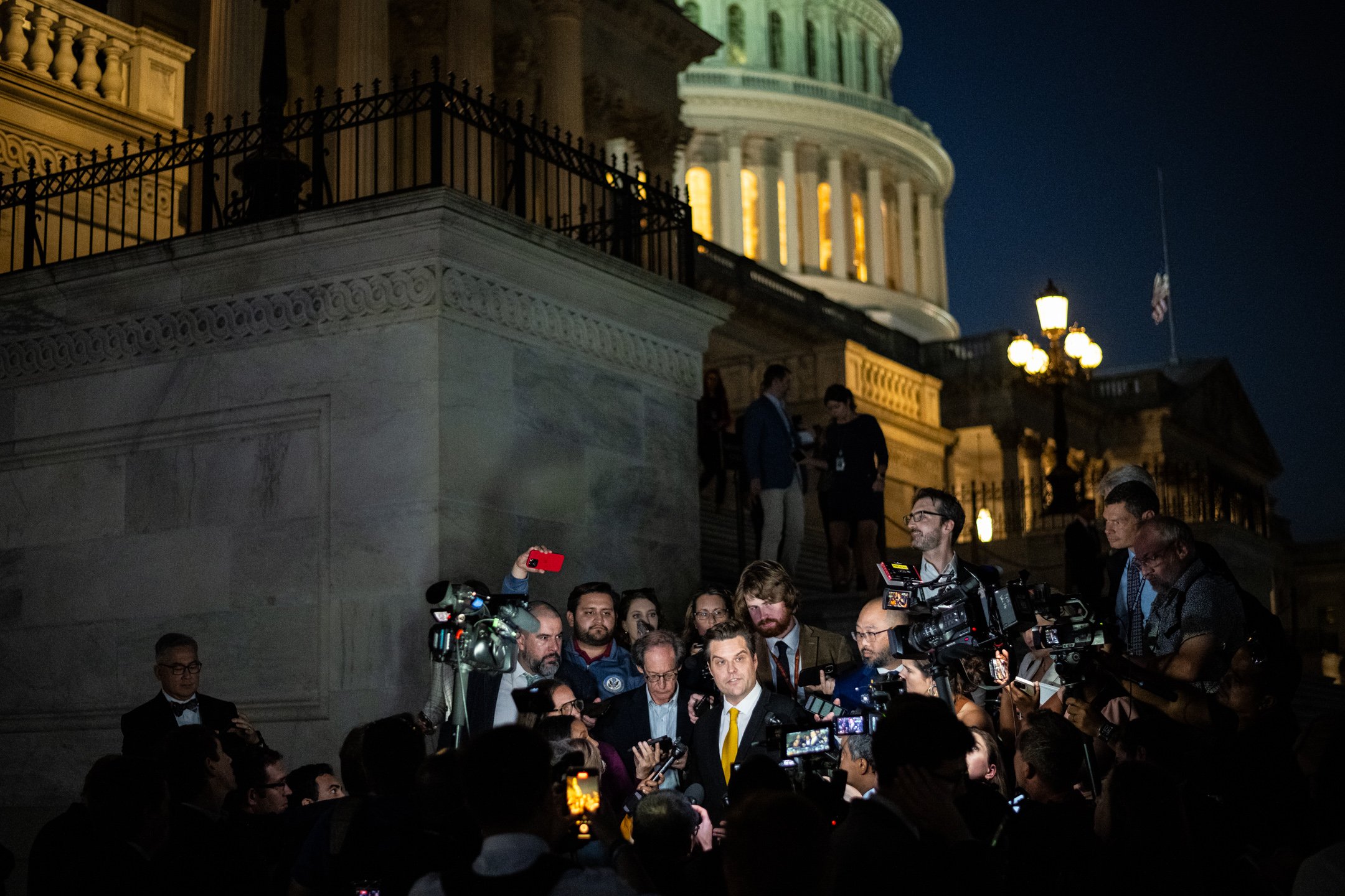  Representative Matt Gaetz (R-FL) speaks to media after introducing a motion to vacate on the House floor, at the U.S. Capitol, in Washington, D.C., on October 2, 2023. (Graeme Sloan for Sipa USA) 