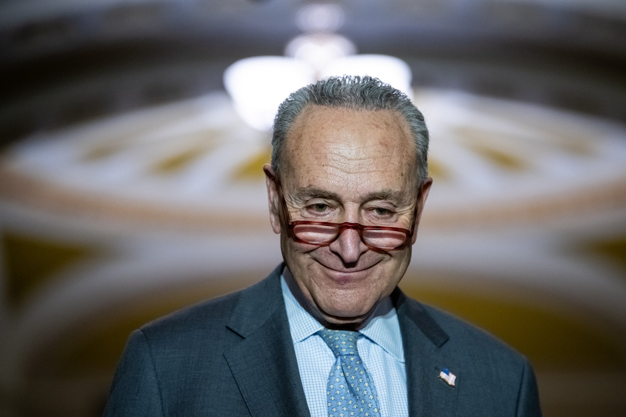  Senator Chuck Schumer (D-N.Y.), the Senate Majority Leader, stands during the weekly Senate Leadership press conferences, at the U.S. Capitol, in Washington, D.C., on March 7, 2023. (Graeme Sloan for Sipa USA) 