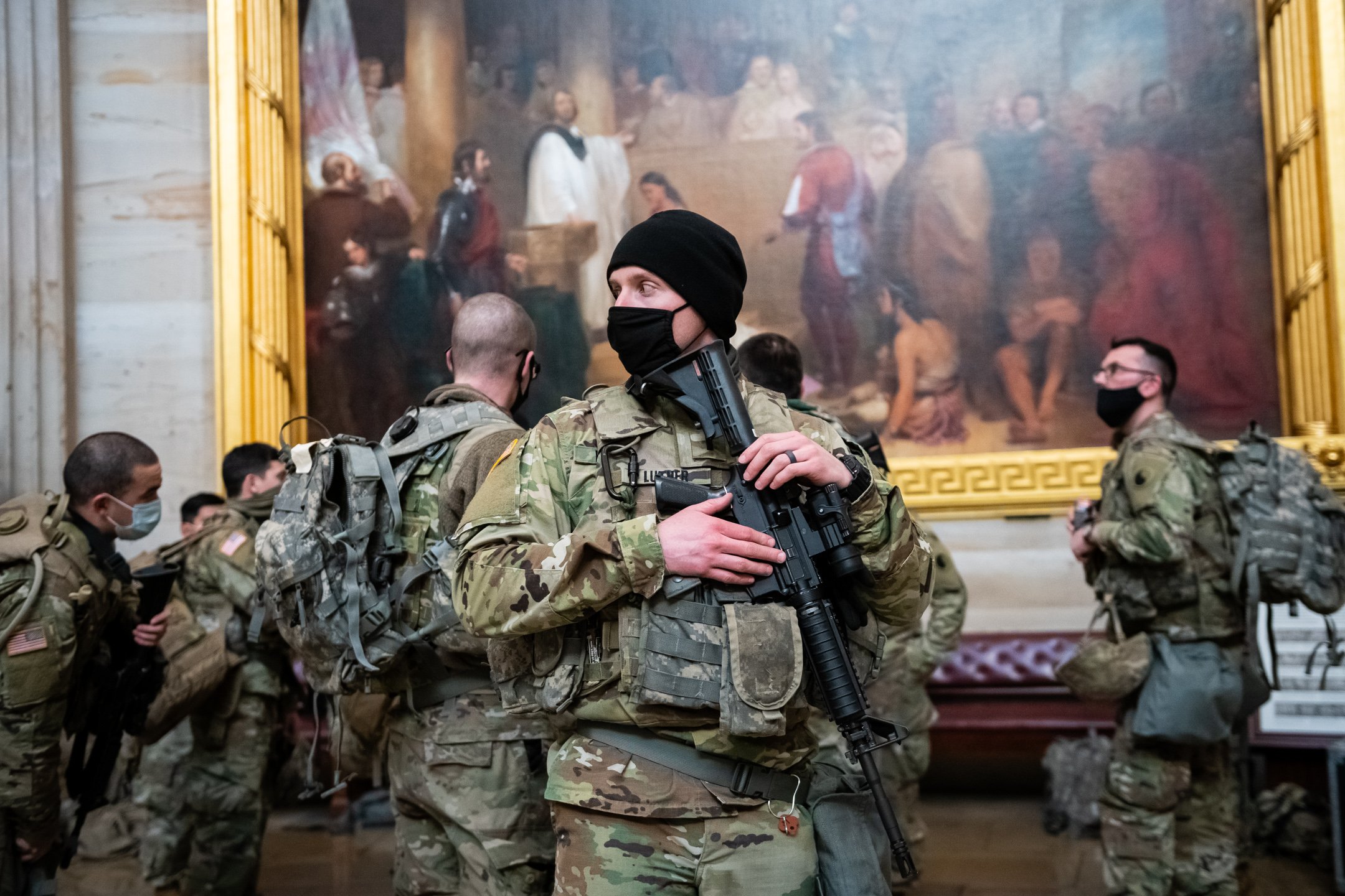  Members of the U.S. National Guard gather in the U.S. Capitol Rotunda after bivouacking in the building overnight, in Washington, D.C., on January 13, 2021. (Graeme Sloan/Sipa USA) 