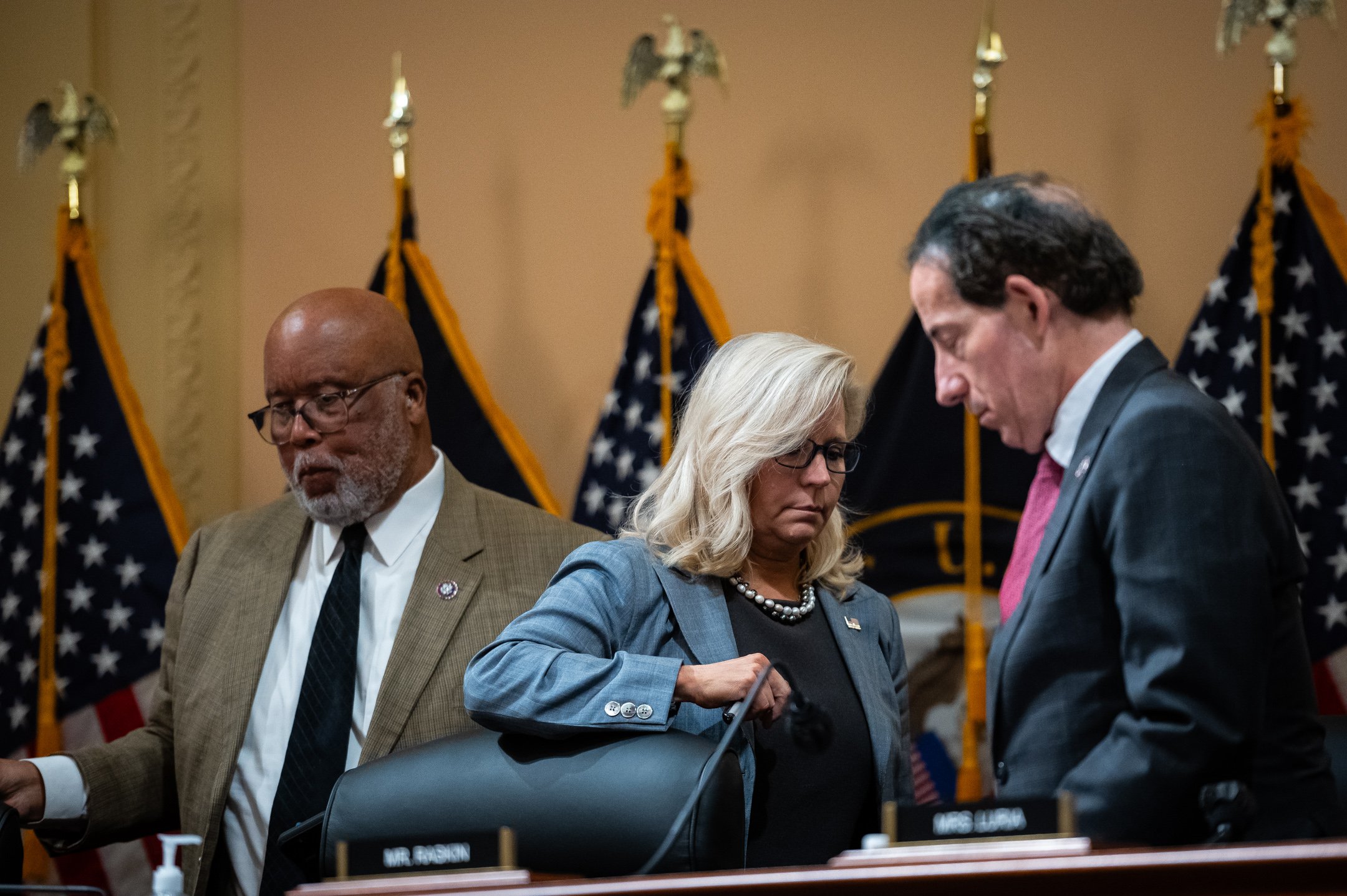  Representative Bennie Thompson (D-MS), Committee Chair, Representative Liz Cheney (R-WY), Ranking Member, and Representative Jamie Raskin (D-MD) depart a House Select Committee to Investigate the January 6th Attack on the Capitol hearing, at the U.S