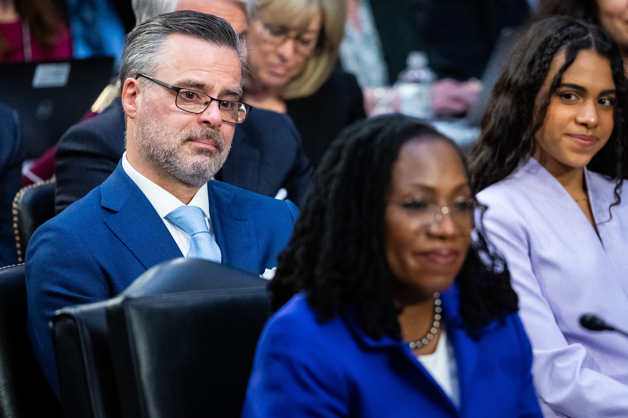  Dr. Patrick Jackson, husband of Supreme Court nominee Judge Ketanji Brown Jackson, tears up while listening to testimony on the first day of Senate Judiciary Committee confirmation hearings for her nomination to the Supreme Court, at the U.S. Capito