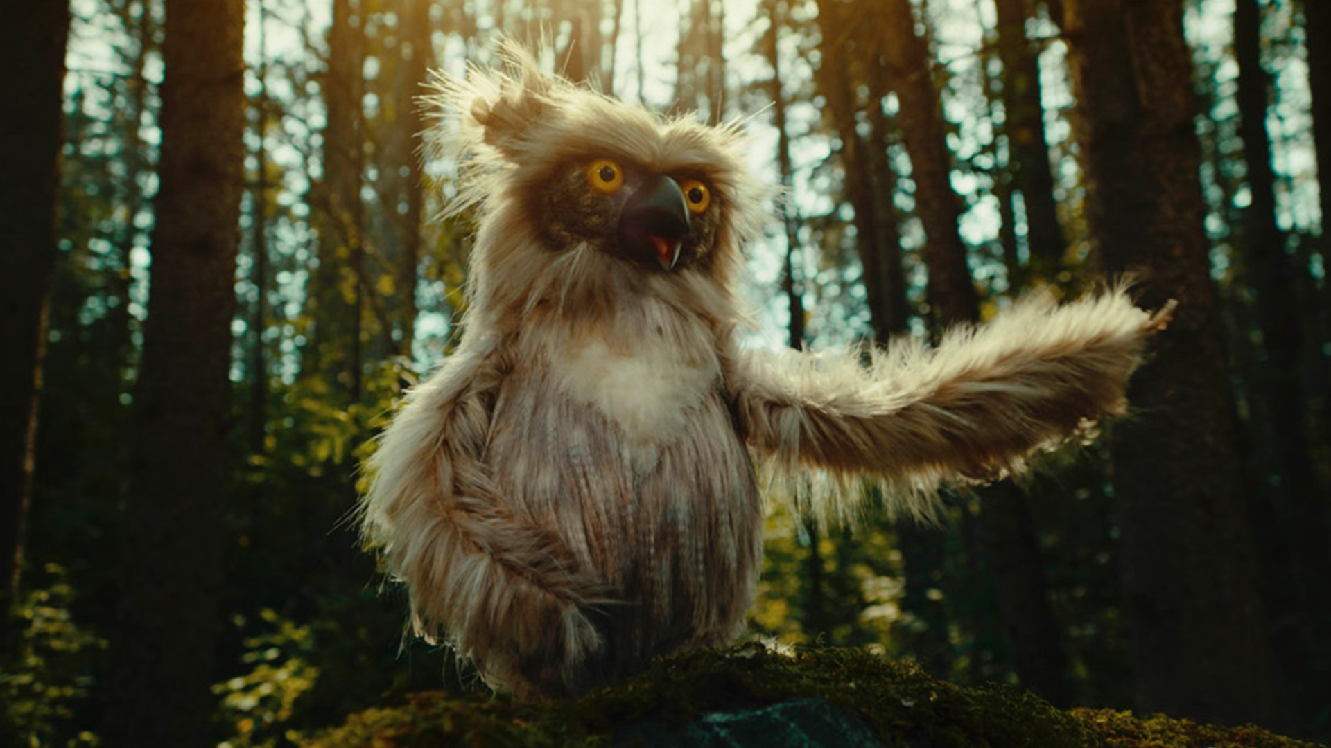 A fantastical creature with the body of a bird, fur and hair resembling a mix of an owl and a lion, standing in a forest. It has bright yellow eyes, a black beak, and one wing extended. The background features tall trees and sunlight filtering through the leaves.