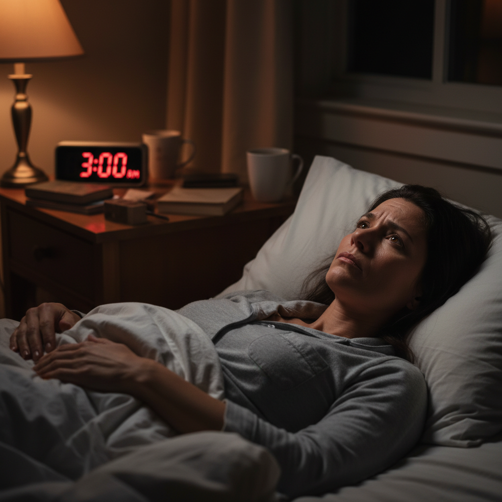 A woman unable to stop overthinking in the middle of the night. Anxiety, depression, and trauma spiral through her mind.