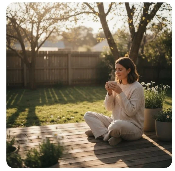 A woman sitting cross-legged on a wooden patio, holding a cup, with trees and a wooden fence in the background during sunset, surrounded by potted plants and being mindfully calm.