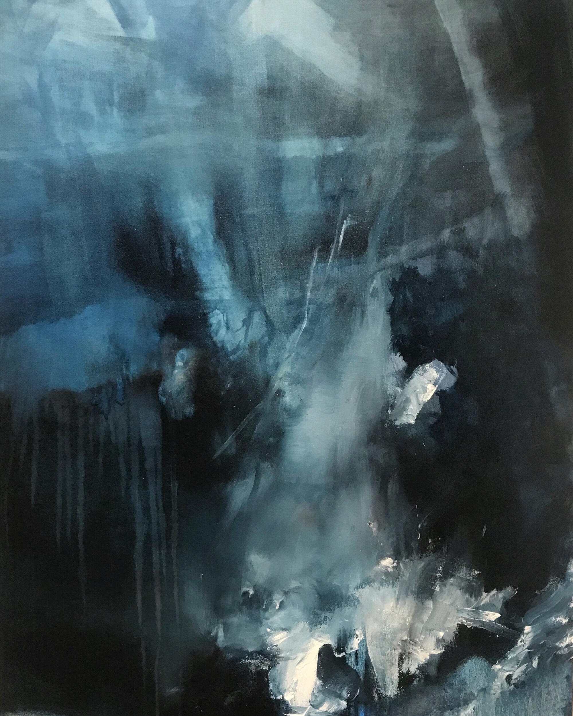 “Holding the breath, seeing what’s coming “ 2019, Oil on canvas, 90” x 36 private collection