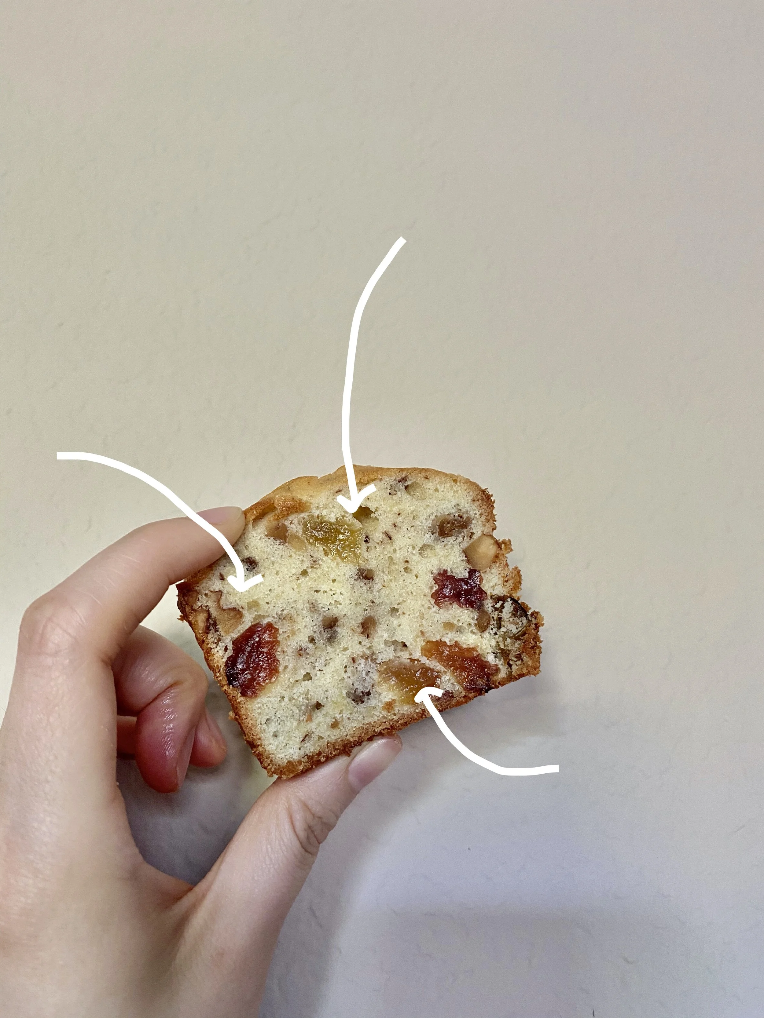 Do you see how everything is suspended and how the raisins retain moisture? This is because we coated the toppings in flour and soaked the raisins ahead of time!