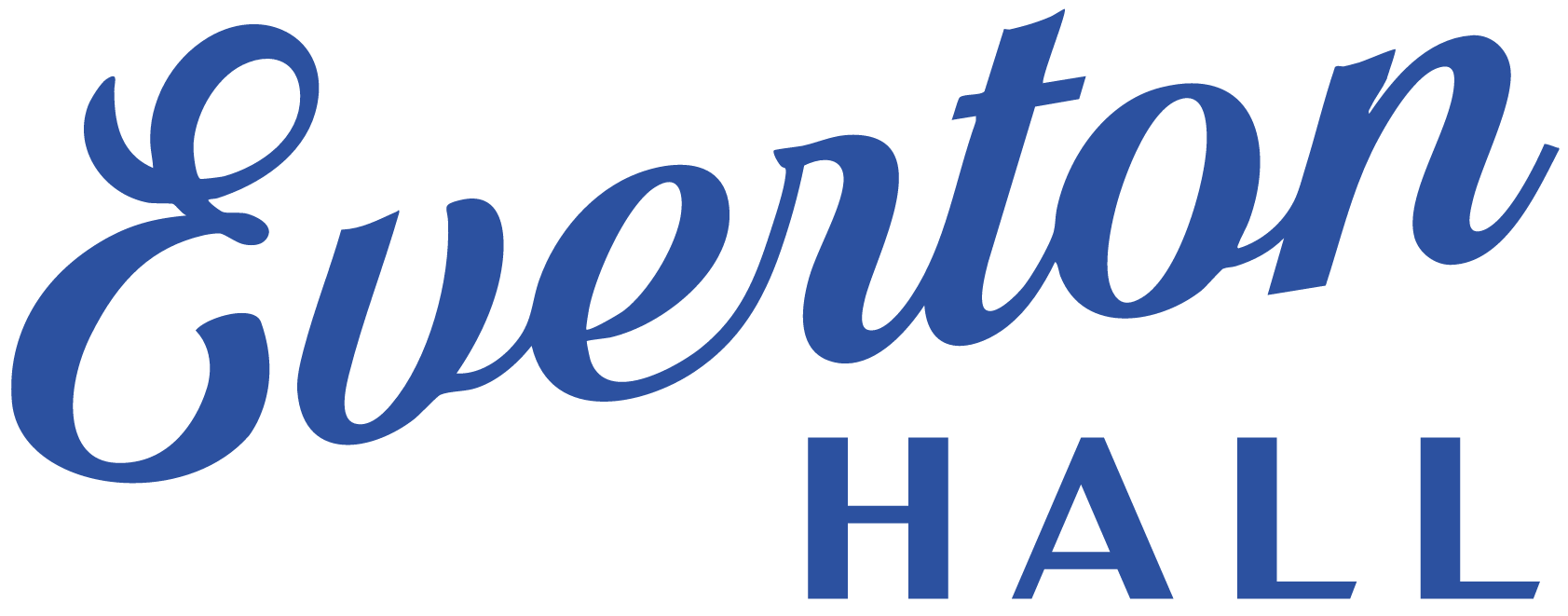 Logo dance hall with the words 'Everton Hall' in blue text, with 'Everton' in cursive and 'HALL' in uppercase letters.