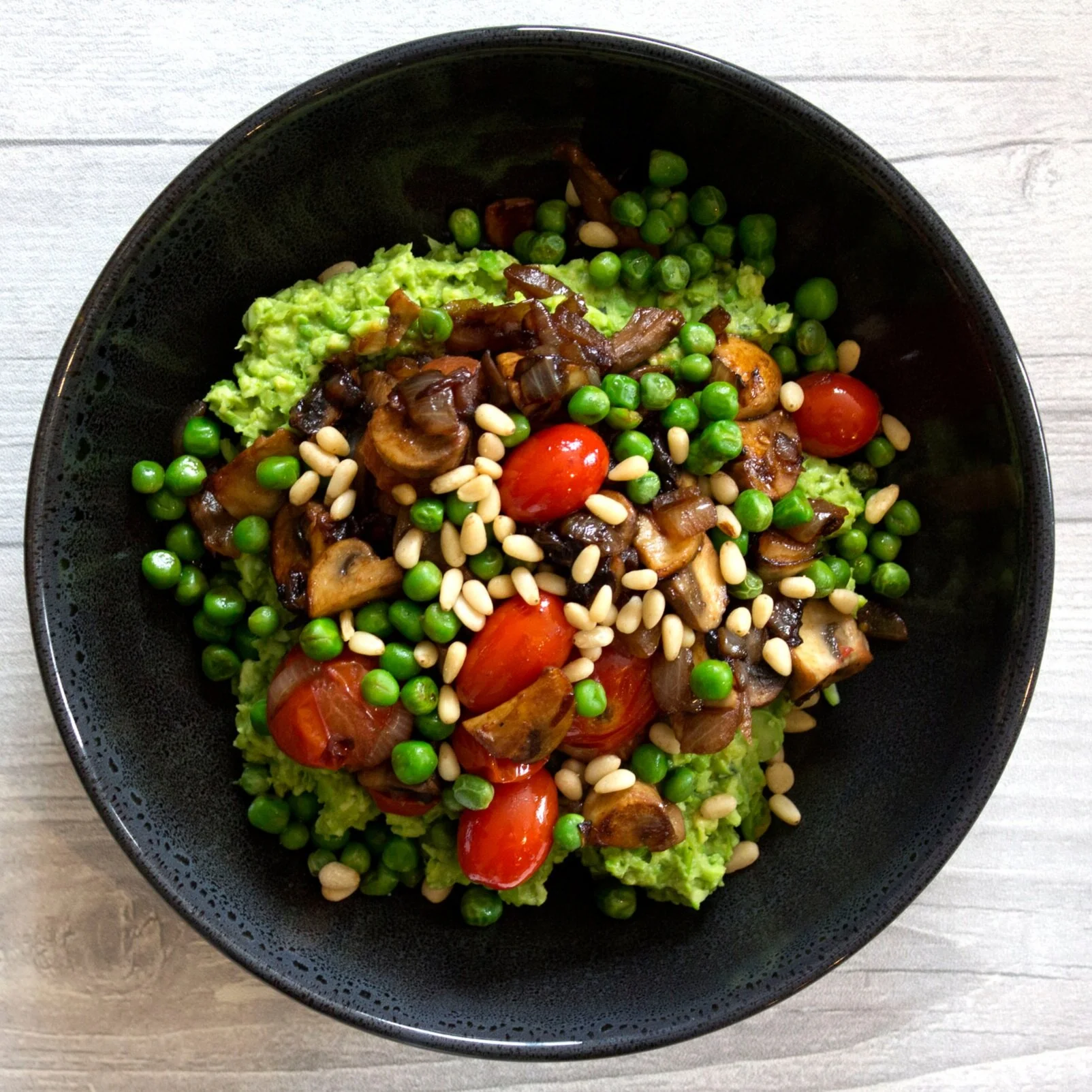 Avocado, Pea and Edamame Bean Mash, Served with Hot Toppings