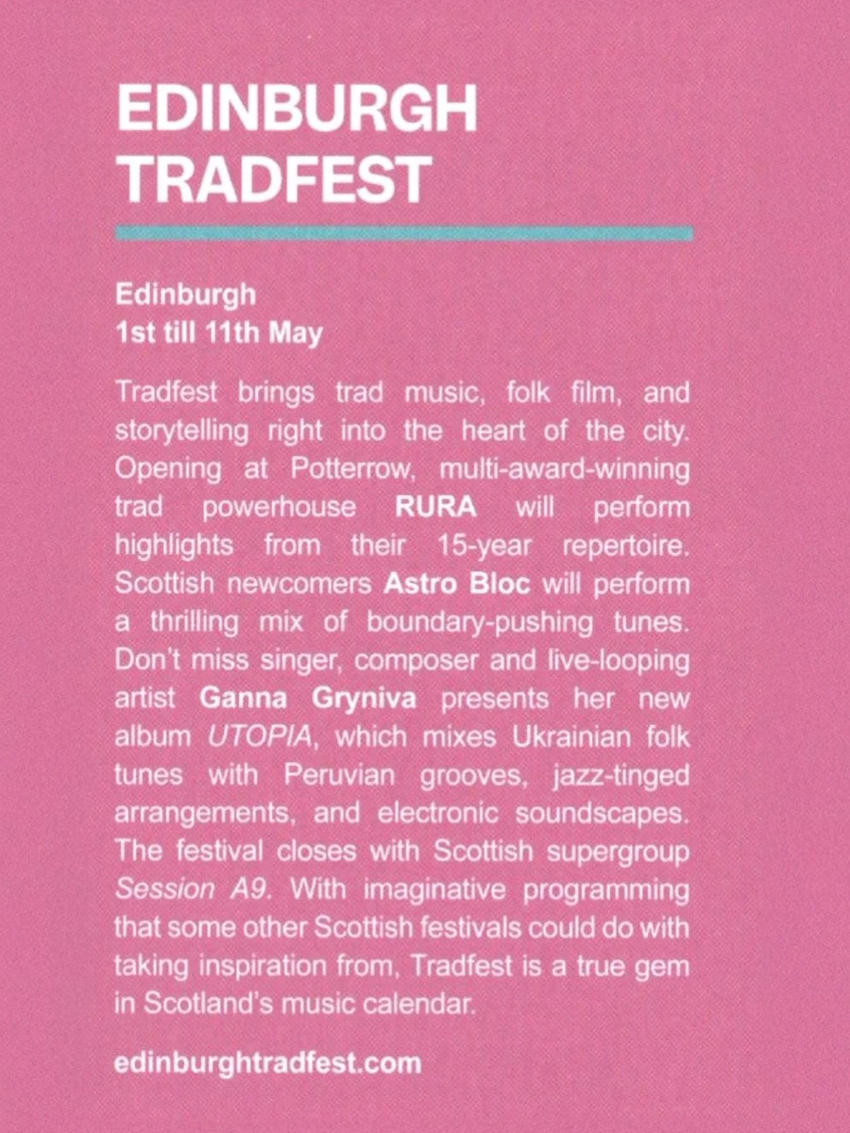 &ldquo;With imaginative programming that some other Scottish festivals could do with taking inspiration from, Tradfest is a true gem in Scotland&rsquo;s musical calendar.&rdquo; 

Thanks @snackmag for the write up 🙏🏻

#etf26