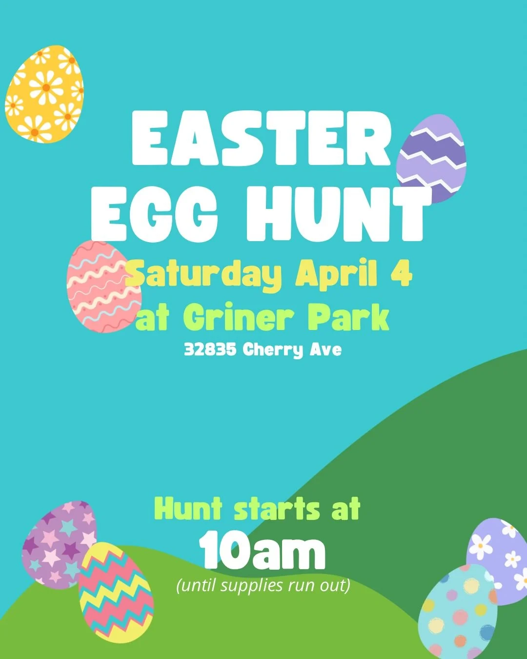 The  city&rsquo;s biggest FREE egg hunt is happening at Griner Park on April 4th at 10am!

10,000 eggs, activities, concession, coffee truck, sponsor booths, and more!

See you there!