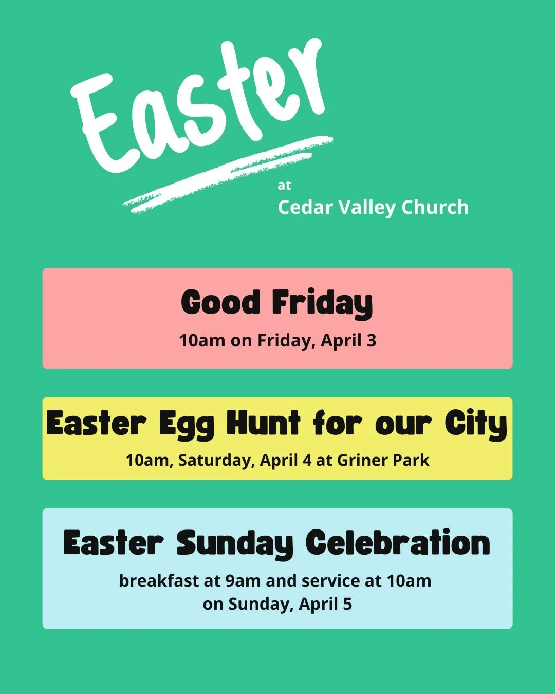 Join us with your friends and family for the experience of Easter Weekend together!

Start your weekend on GOOD FRIDAY at 10am for a simple, experiential service that helps us feel present with Jesus on his journey to the cross.

Serve thousands of p