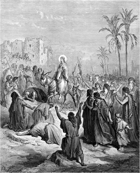 Artist: Gustave Doré (1832–1883). Title: Jesus Rides into Jerusalem on a Donkey on Palm Sunday. This work is in the public domain. {{ PD-US }}