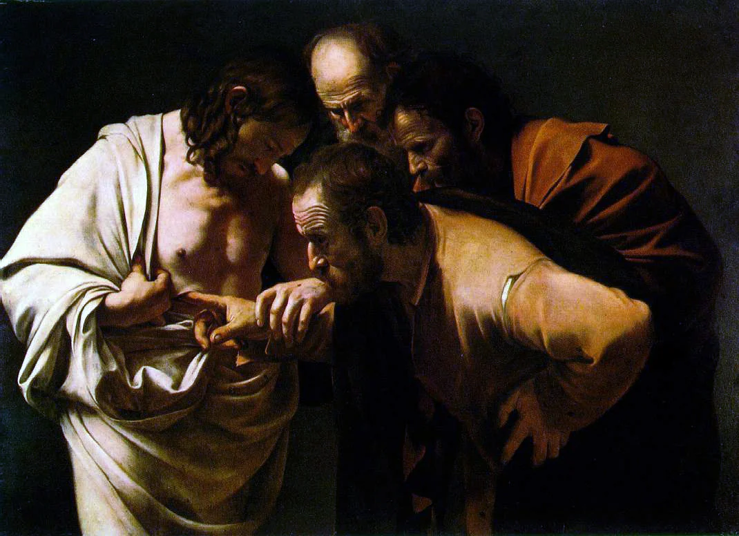 “Doubting Thomas'', painting by Caravaggio (1602-03). This work is in the public domain.