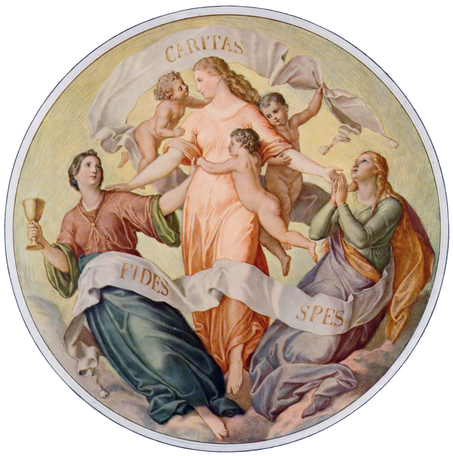 Artwork by: Julius Schnorr von Carolsfeld. Fides, Spes, et Caritas. Photographer: Velhagen & Klasing, Bielefeld. 1911. This artwork is in the Public Domain. {{ PD-US }}