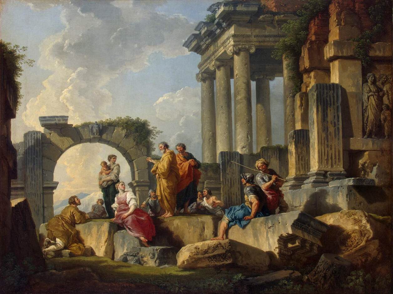 Artwork by: Giovanni Paolo Pannini. Title: Apostle Paul Preaching on the Ruins |description.. Date: 1744. This work is in the public domain. {{ PD-US }}