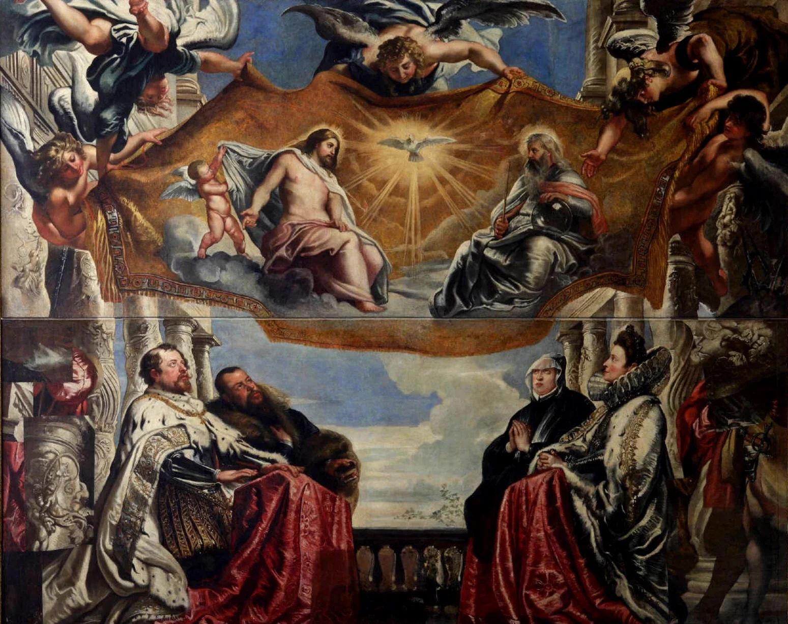 Creator:Peter Paul Rubens. Title: ''The Gonzaga Family Worshipping the Holy Trinity. Date: Between 1604 and 1605. This work is in the public domain. {{ PD-US }}