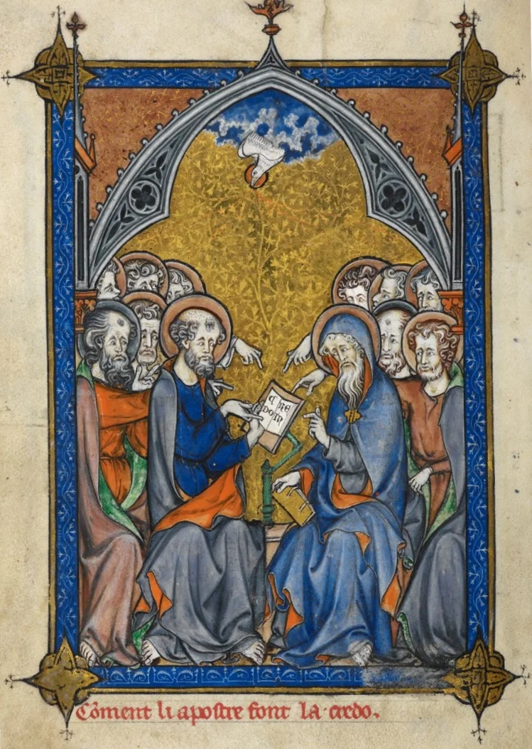The twelve Apostles receiving inspiration from the Holy Spirit and composing the Creed, from Somme le Roy, a moral compendium. This work is in the public domain. {{ PD-US }} Source: http ://www.bl.uk/manuscripts/Viewer.aspx?ref=add_ms_54180_fs001r Author: Laurent
