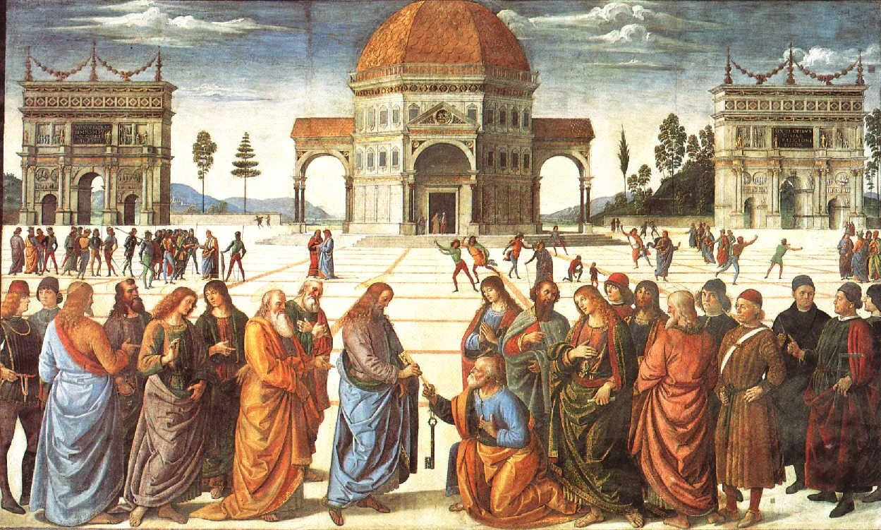 Christ Handing the Keys to St. Peter by Pietro Perugino (1481-82) . Location: Sistine Chapel Collection. This work is in the public domain. {{ PD-US }}