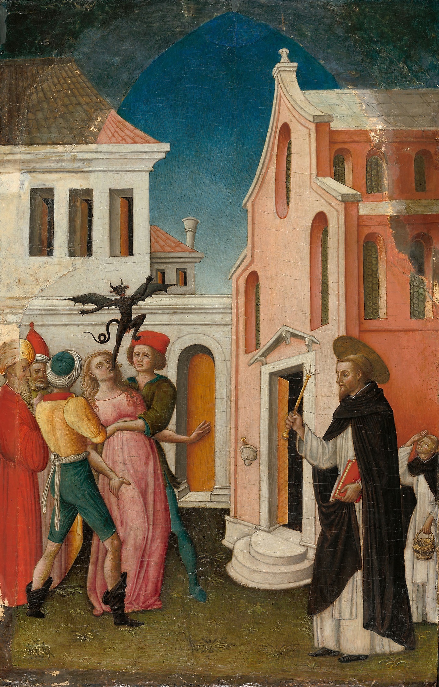 Artist: Antonio Vivarini. Title: Saint Peter Martyr Exorcizing a Woman Possessed by a Devil. Between 1440 & 1455. This work is in the public domain. {{PD}}