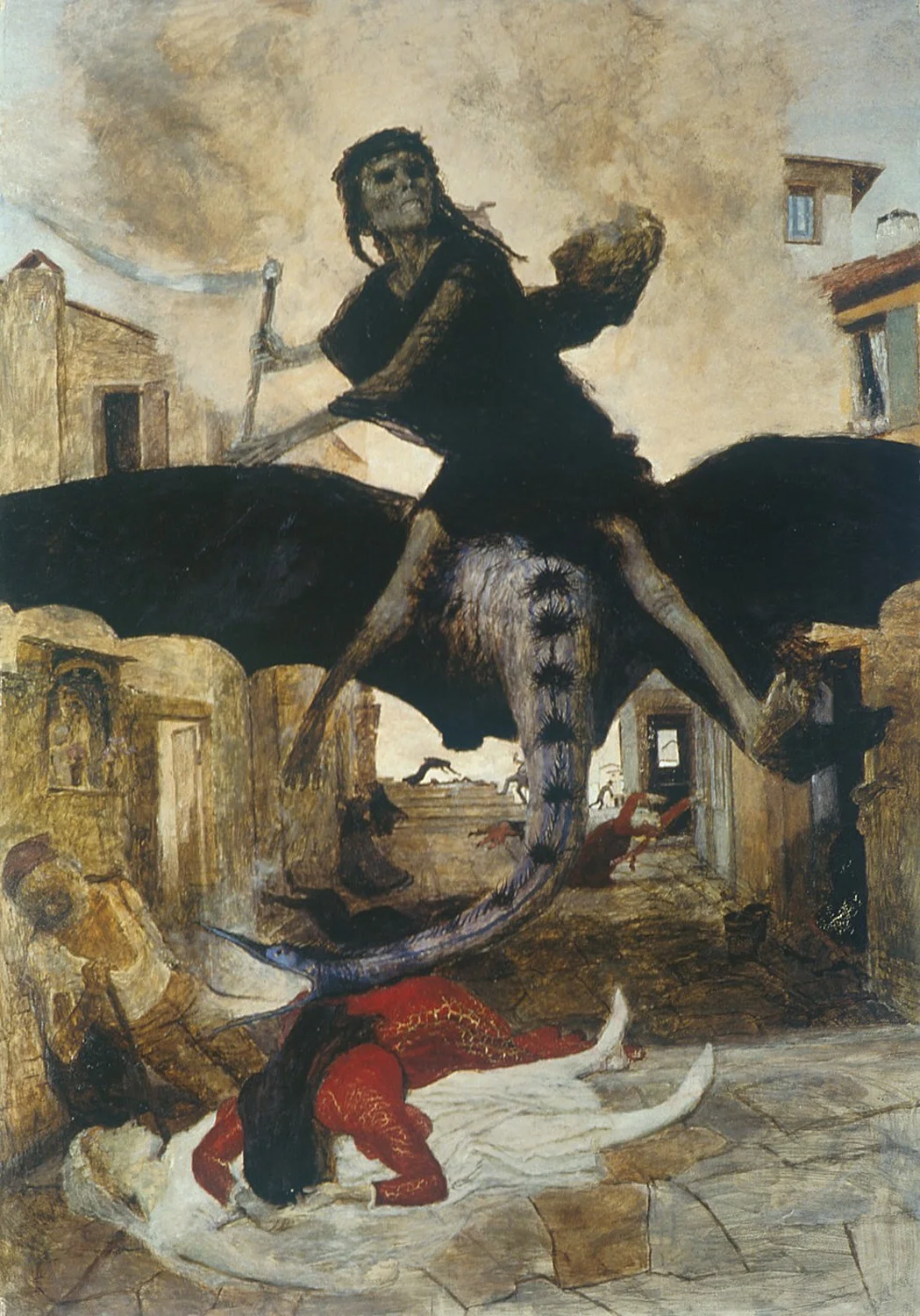The Plague by Arnold Böcklin . 1898. This artwork is in the public domain. {{PD}}