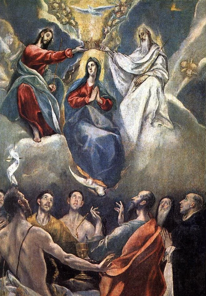 The Coronation of the Virgin by El Greco. Date: 1591. This work is in the public domain. {{ PD-US }}