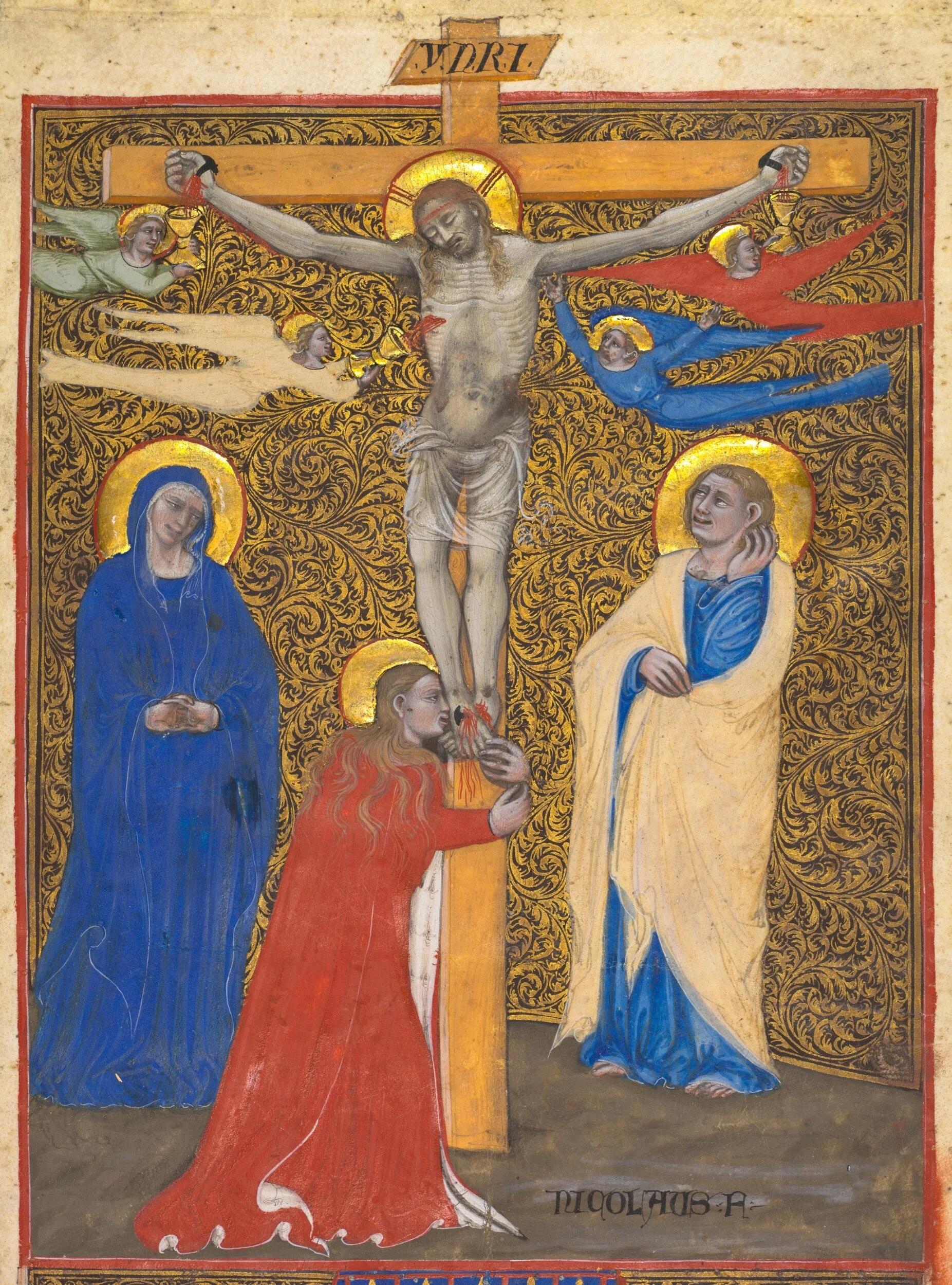 Artist: Nicolò da Bologna. Title: Single Leaf from a Missal: The Crucifixion. Description: Symbolizing the Eucharist, this leaf depicts angels holding chalices to collect blood from Christ's five wounds. Date : 1385. This file is made available under the Creative Commons CC0 1.0 Universal Public Domain Dedication . This file was donated to Wikimedia Commons as part of a project with the Cleveland Museum of Art. See the Open Access at the Cleveland Museum of Art .