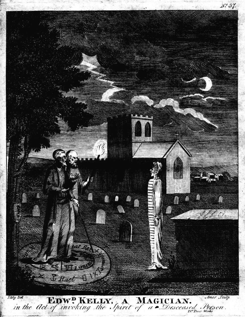 Edward Kelly, A Magician In The Act Of Invoking The Spirit Of A Deceased Person. Engraved by Ames of Bristol (according to Fincham, Artists and engravers of British and American book plates , 1897), original drawing by Sibly. {{PD}} {{PD-US}}