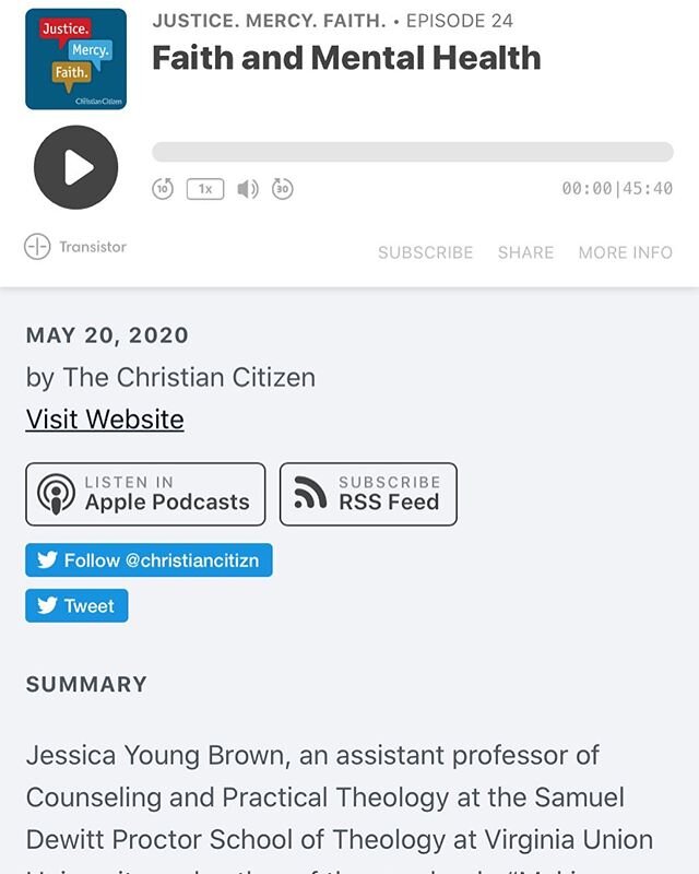Grateful to have had the opportunity to speak with the Christian Citizen on the Justice. Mercy. Faith. Podcast about faith and mental health, with special attention the black church. Listen to the latest podcast episode! Link in bio.