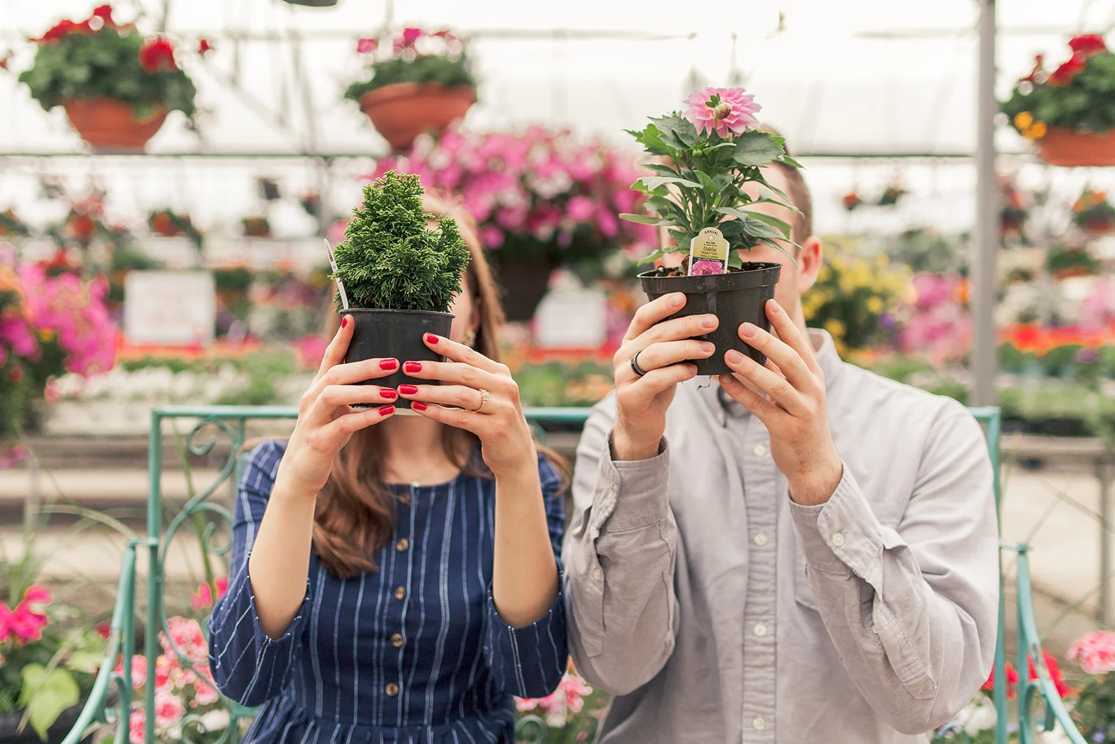 Cook’s Greenhouse, greenhouse engagement photos, spring engagement photos, relaxed engagement photos, candid engagement photos, Forge Jewelry