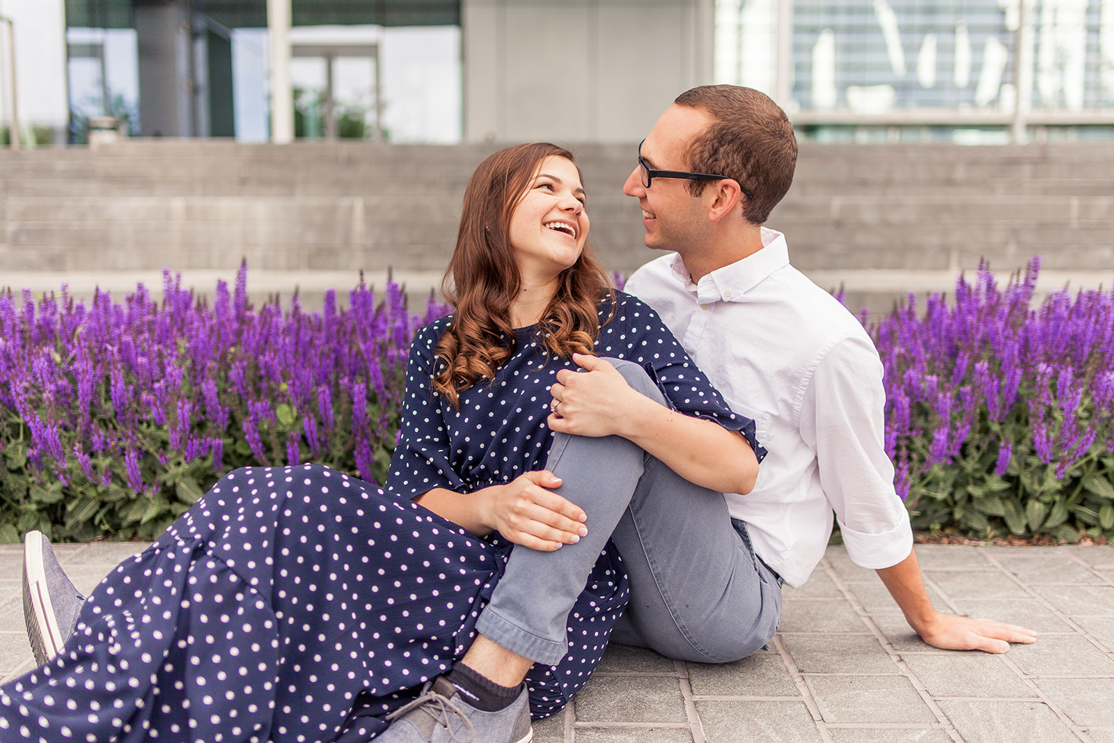 Lavender engagement photos, candid engagement photos, laughing engagement photos, NuSkin Provo, Forge Jewelry