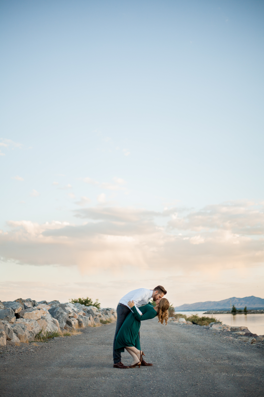 Utah Lake engagement photos, Utah Lake State Park, dip kiss engagement photos, formal wear engagement photos
