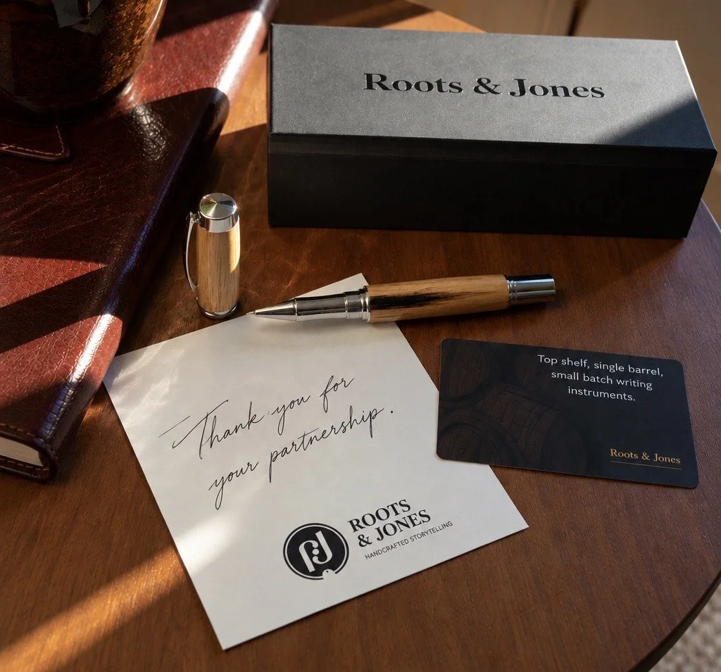 Roots & Jones pen and presentation box beside a handwritten thank-you note