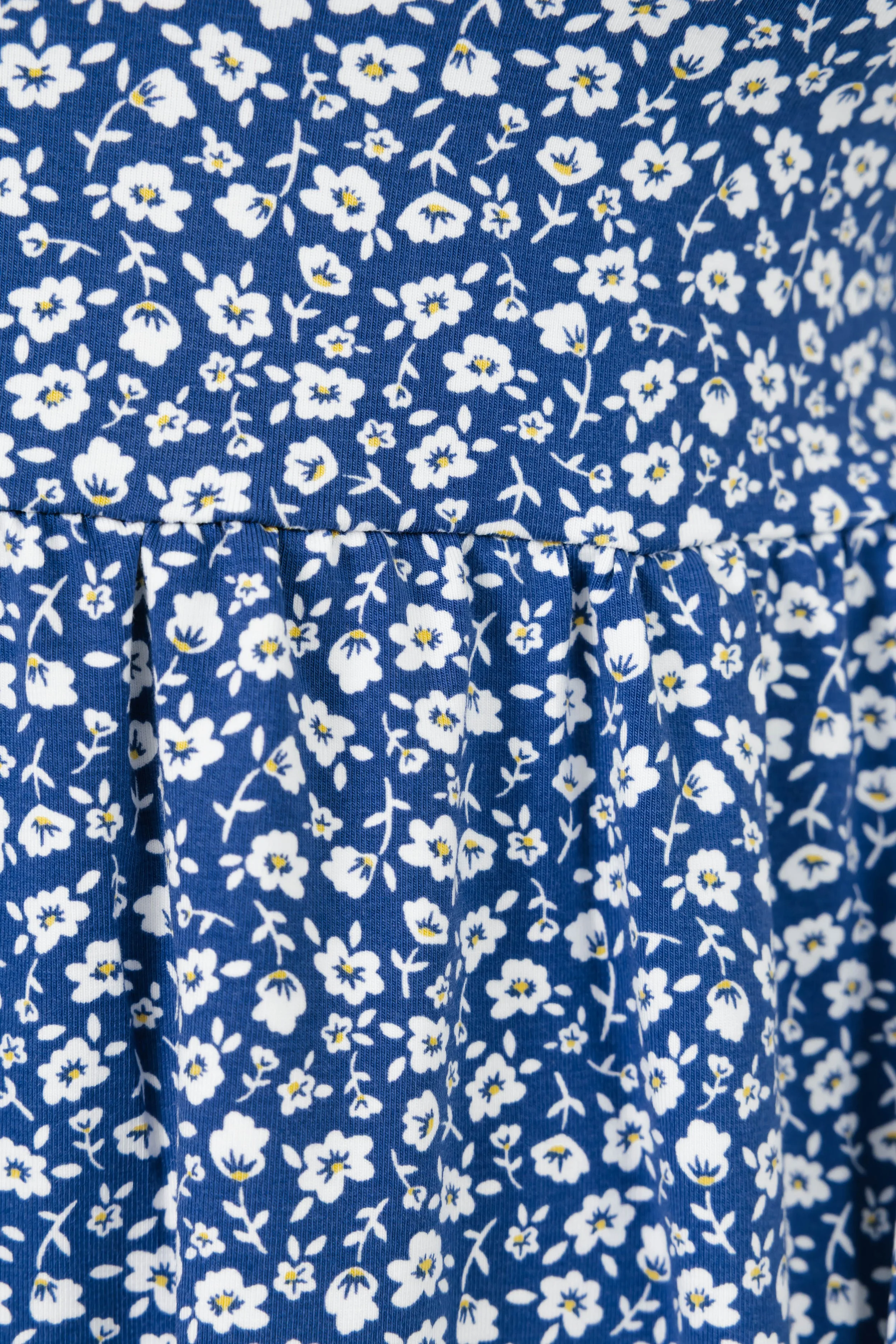 Close-up of blue fabric with a small white floral pattern with yellow centers, possibly part of a dress or shirt.