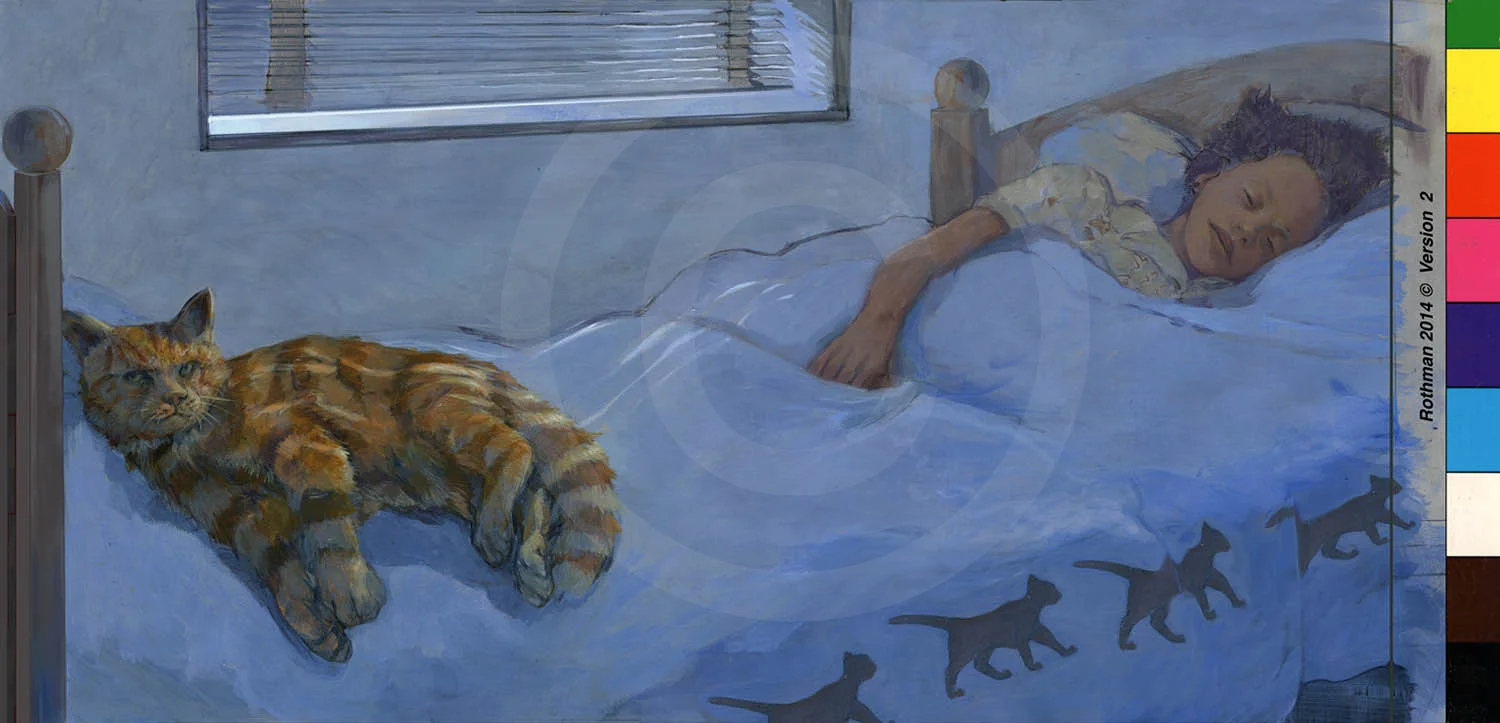 Unpublished Image for a children’s book describing the adventures of a tabby cat in the nighttime. Here a young girl is sleeping, but her cat has just awoken and is about to depart into the outside world under the moonlight. This is the 2nd painting based upon the 2nd preparatory drawing shown below.