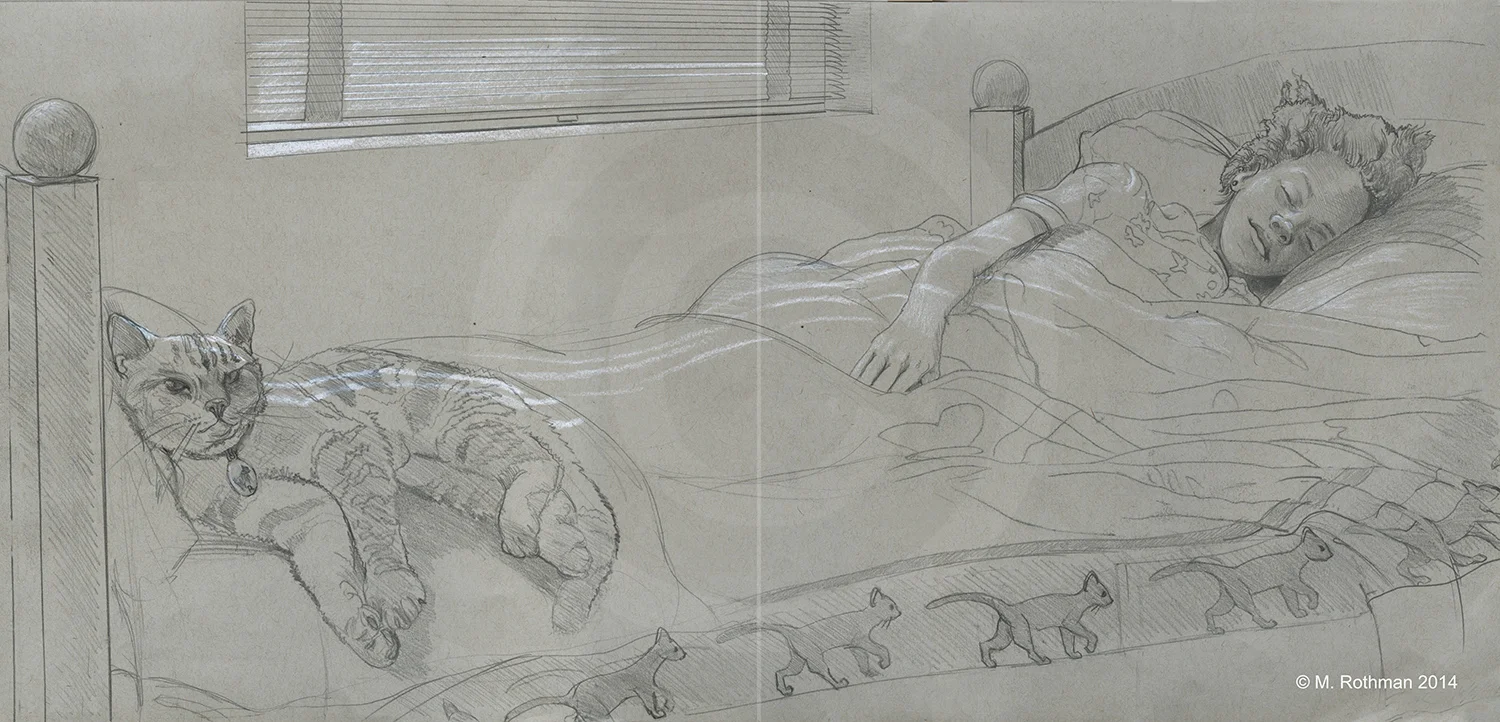 This is the Unpublished Preparatory Drawing for the 2nd version of a story about a cat’s travels in the nighttime. A young girl is sleeping while her cat has just awoken and will soon leave for its adventures in the outdoors under the moonlight. The monochrome drawing was used as a reference for the 2nd chromatic sketch directly above.