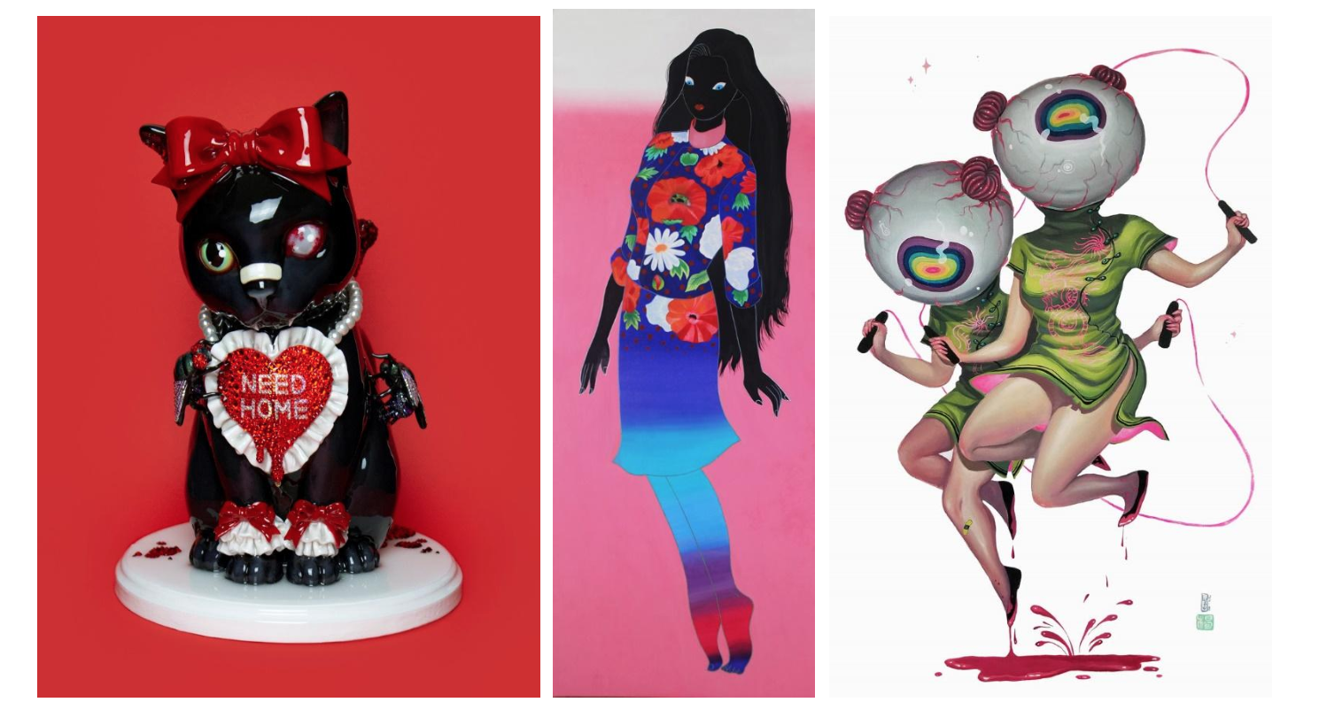 (L-R): Tina Yu “Bad Luck” (polymer clay, Swarovski crystals (rhinestone flatbacks &amp; beads), wood panel &amp; epoxy resin, 8”(l) x 8”(w) x 11”(h) approx.), Jang Koal “Humming” (natural pigment on Korean Hanji paper, 45.7" x 17.7"), and Lauren YS …