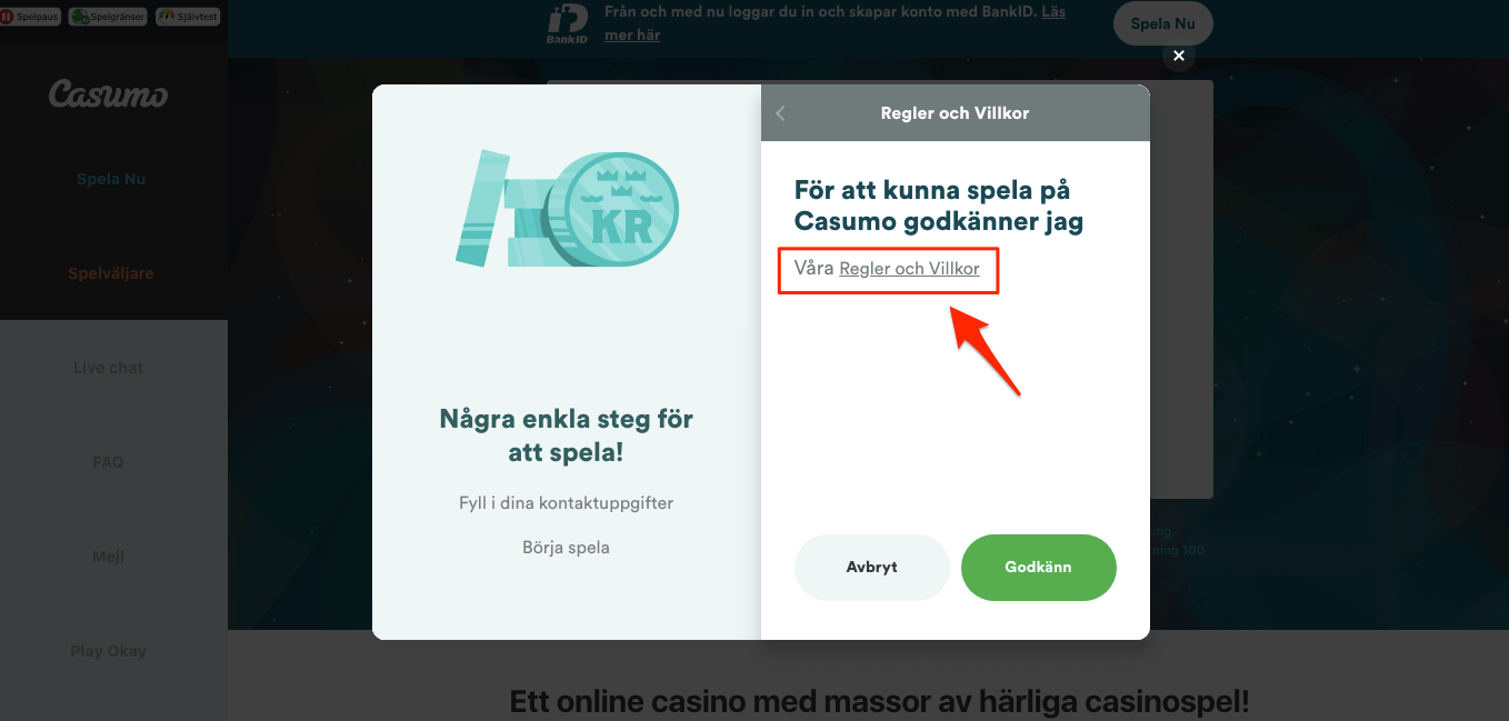Steg 5 - Här ska du godkänna Casumos regler & villkor