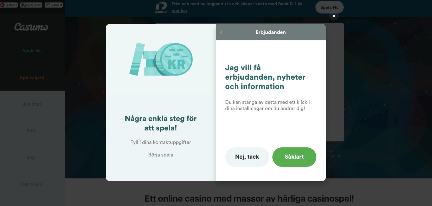 Steg 10 - Välj om du vill få erbjudanden och annat från Casumo till din mail eller genom SMS