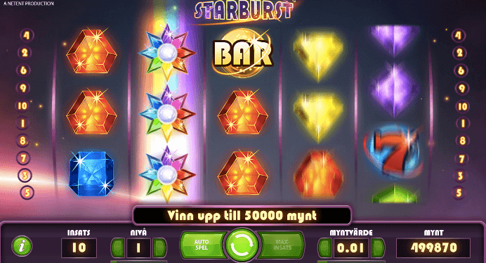 Här ser du Starburst-symbolen och de Wild- symboler som gör det mycket lättare att få en vinnande kombination. Wild-symbolerna gör det möjligt att få en radvinst eftersom hela det andra hjulet nu är fullt med jokrar