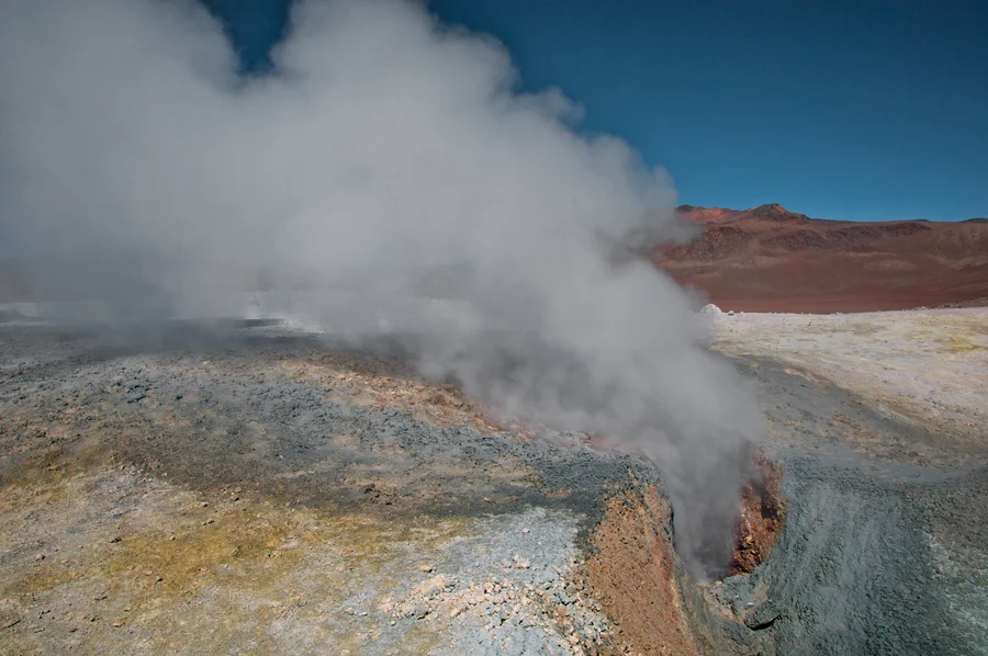 Sol de Manana has geysers with water temperatures of 380 degrees fahrenheit, fumaroles and mud pots.