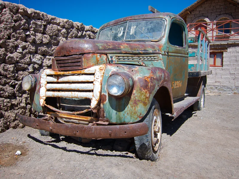 At least 10 billion tons of salt remain in the Salar de Uyuni. Old, still-functioning trucks, like this one, are used to bring the harvested salt to the railroad for transport to refineries.