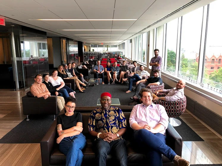 Seminar participants and faculty in the Moelis Reading Terrace of Penn’s Van Pelt-Dietrich Library.