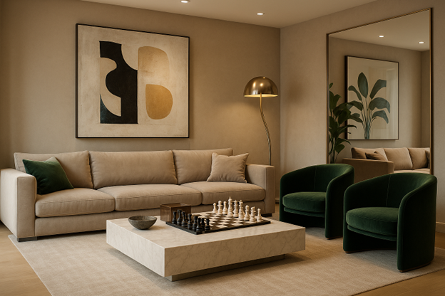 Modern Milanese Magic: A Family Room of Taupe Elegance and Emerald Charm