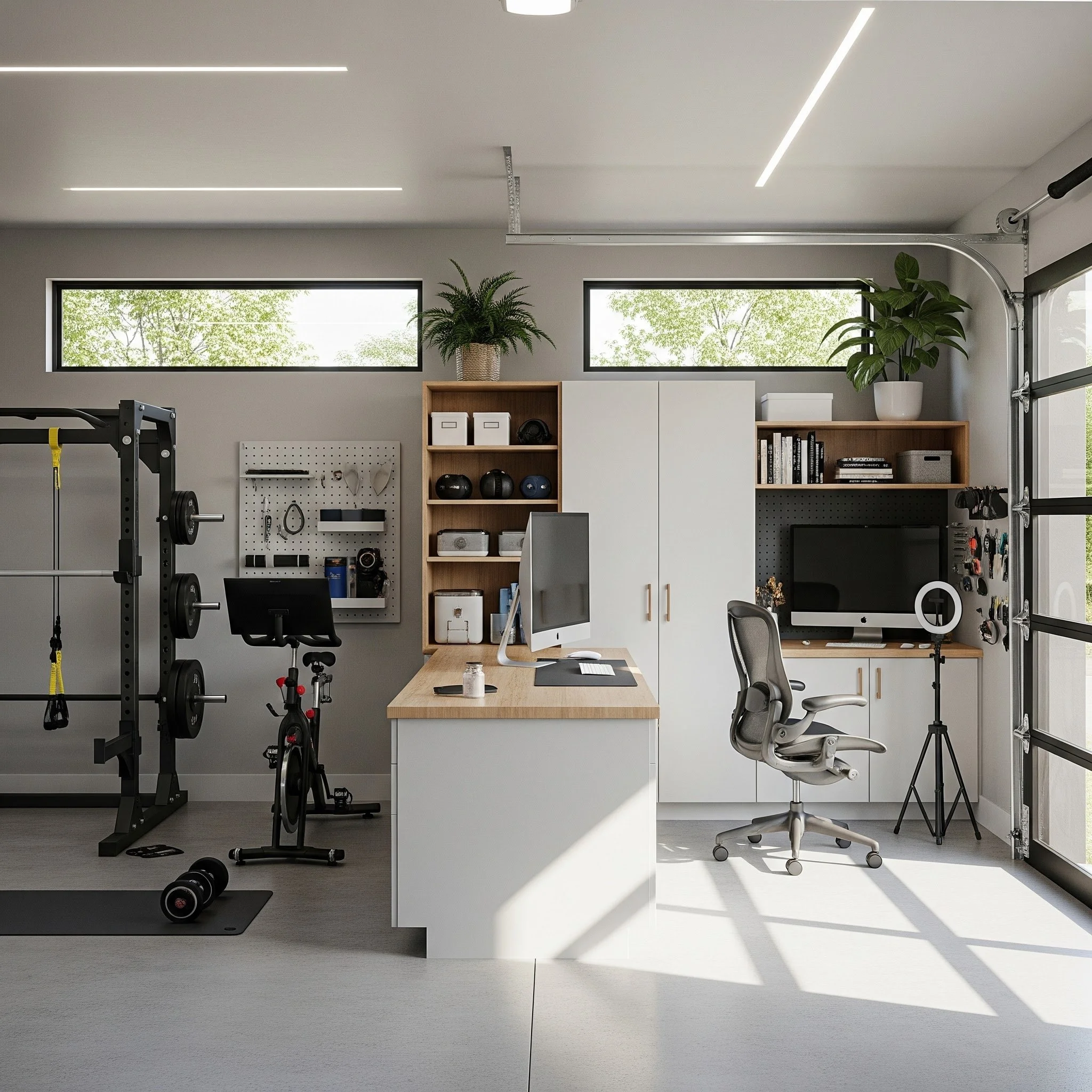 Modern garage converted into a flexible home gym and creative studio space.