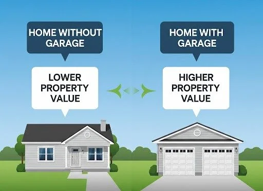 Visual comparison of homes with and without garages and their resale value differences.