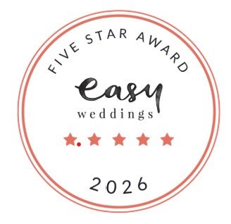A circular logo for the Five Star Award 2026 from Easy Weddings with five red stars and red rings.