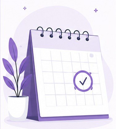 Cartoon calendar with a checkmark on a purple stand, next to a potted plant with purple leaves.