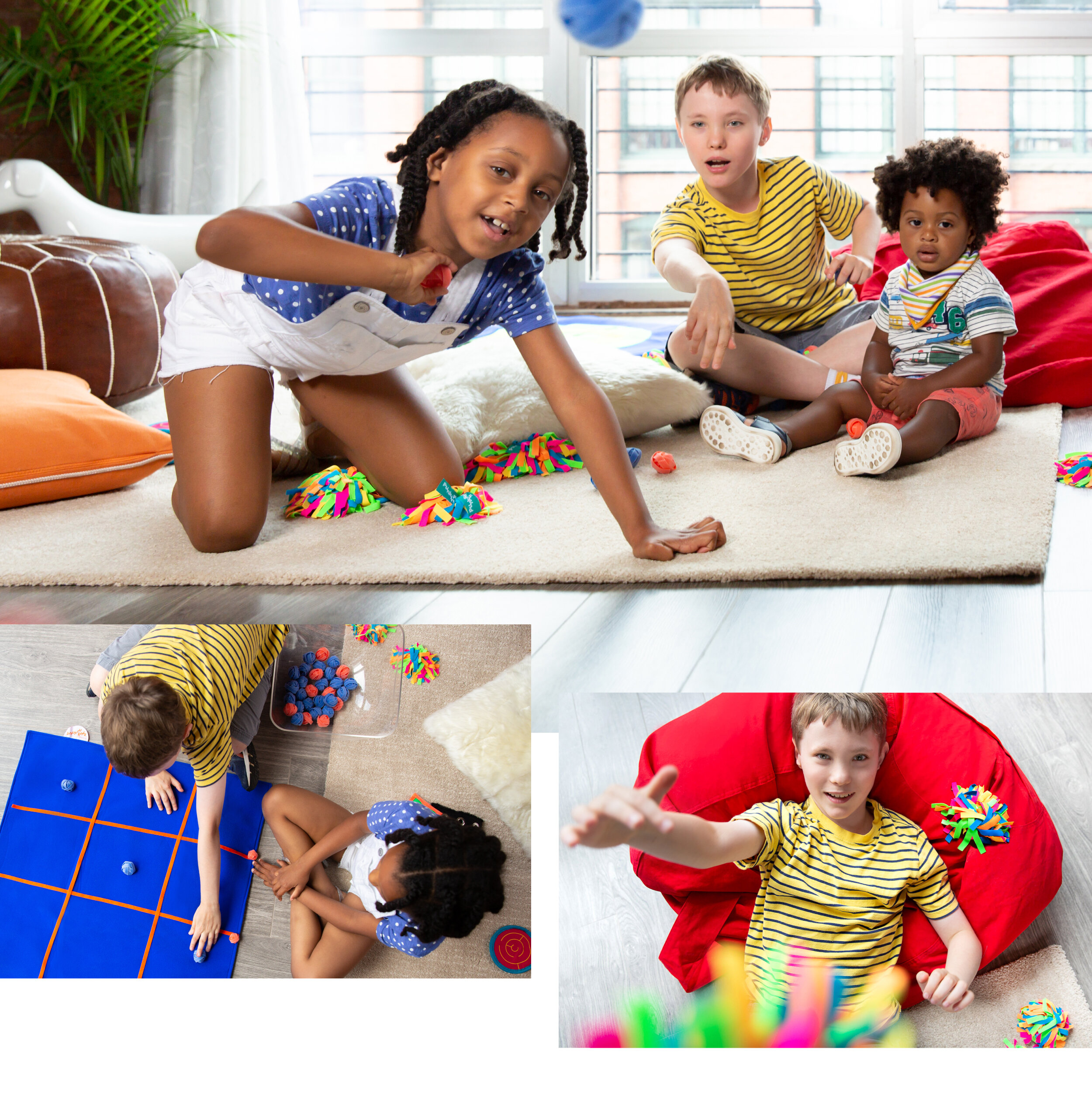  A collage of three images showing a girl and boy playing together using sensory toys created by PunkinFutz.  